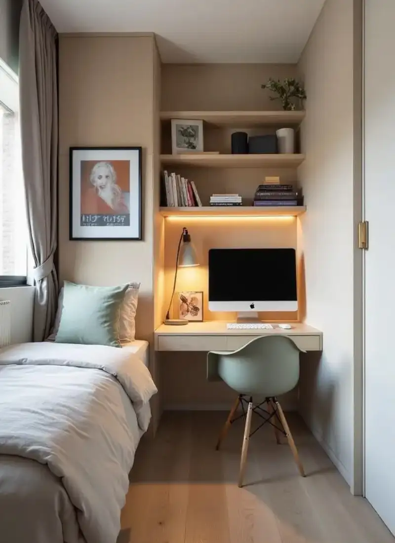 Floating walnut desk with matching wall shelves