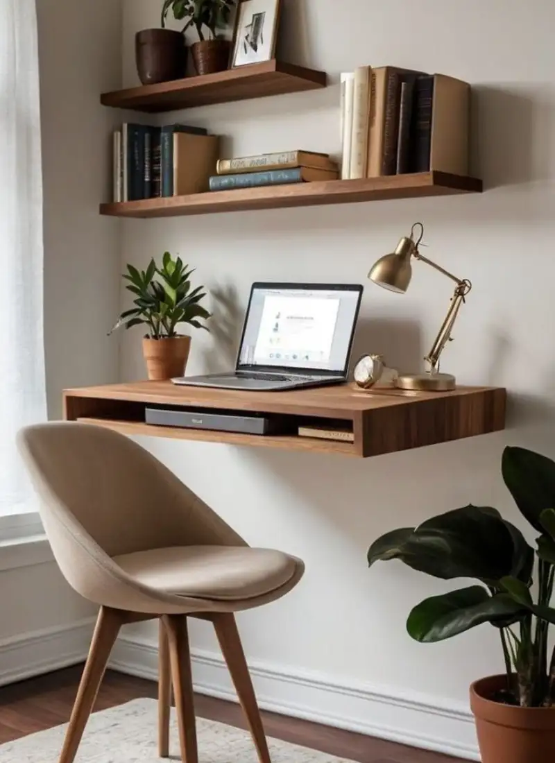 Compact bedroom with desk running under the window beside the bed