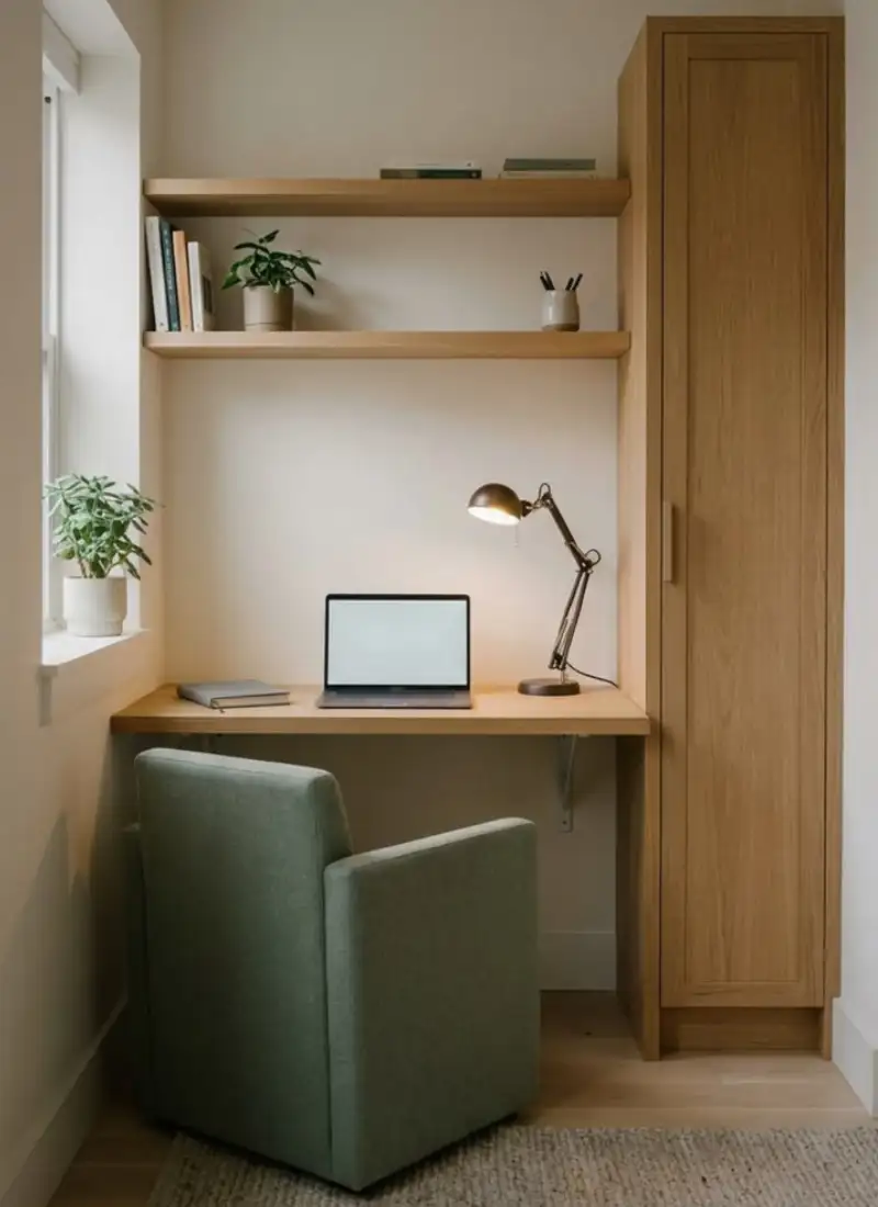 Fold-down wall desk shown closed, opening and open