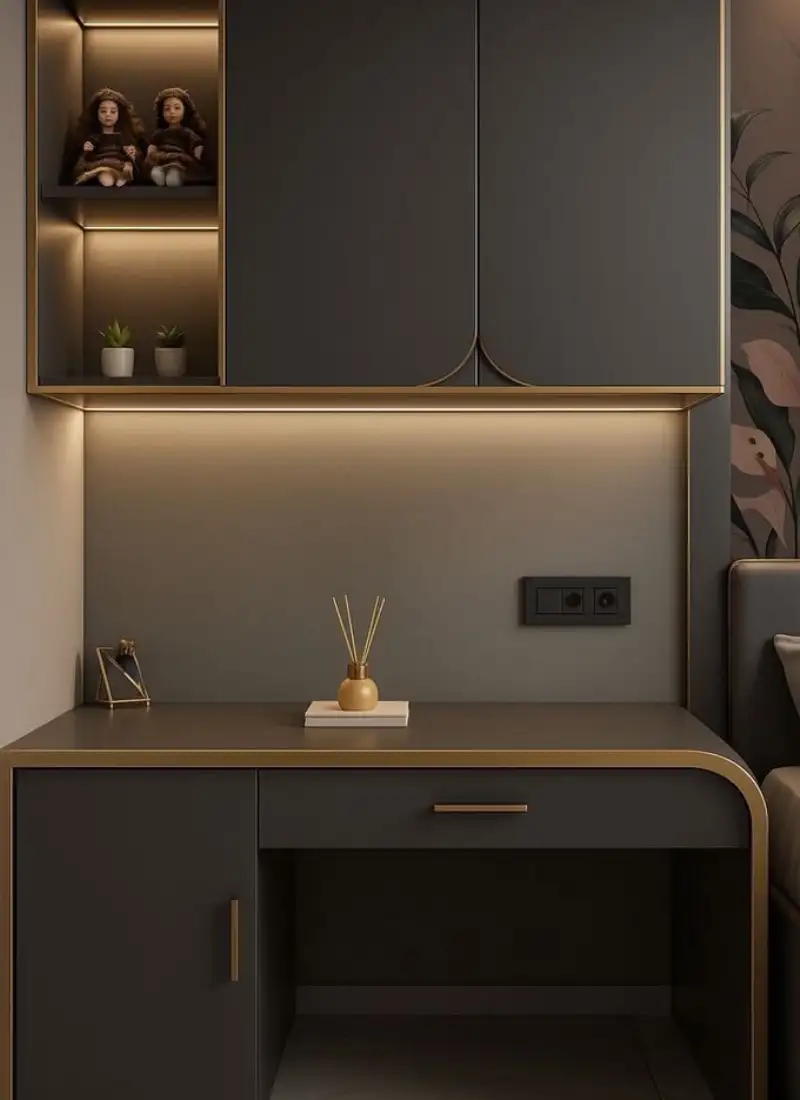 Wall-mounted study unit with integrated lighting and brass detailing